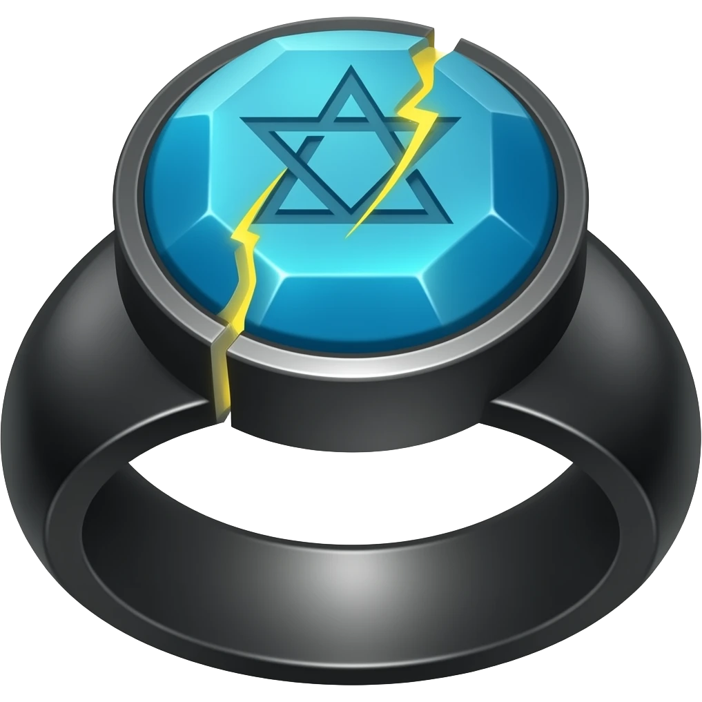 A black ring with with a large gem that's blue with a crack in it that glows yellow that has a pentacle carved into the gem emoji