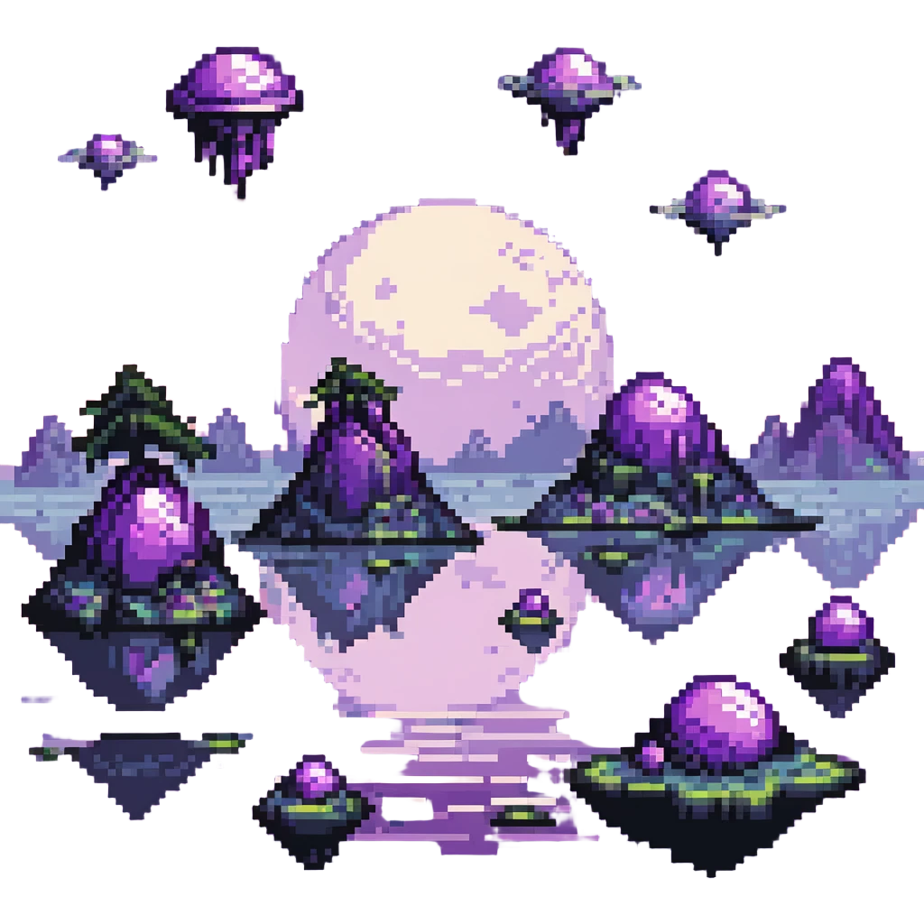 Alien planet with purple sky and floating islands in pixel art style. emoji