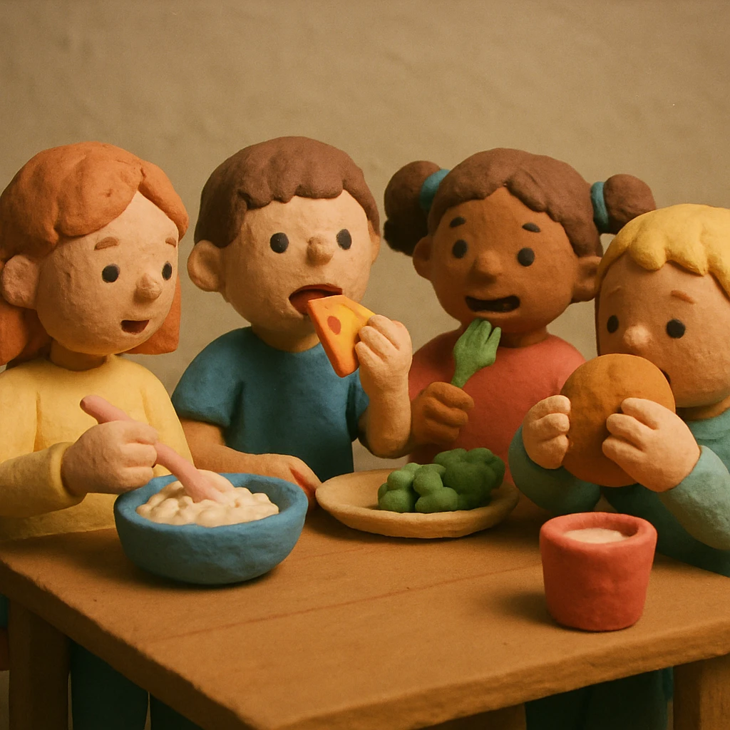 Children eating, matte, plasticine claymation with visible fingerprints and pastel colors. emoji