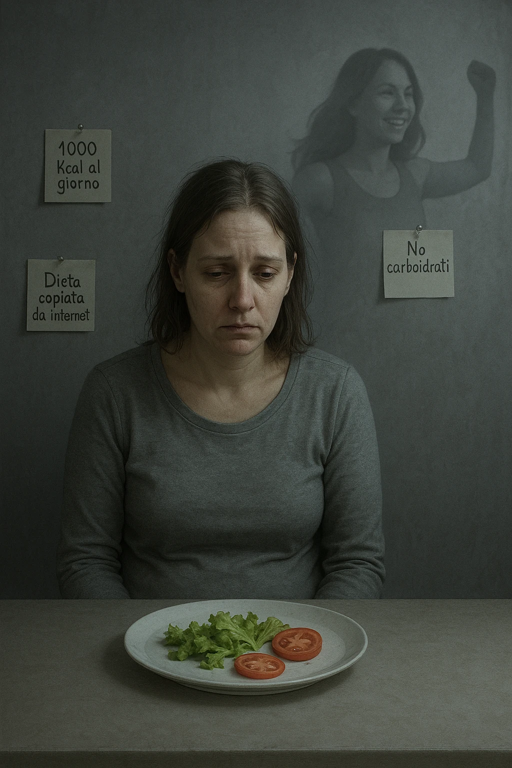 Donna tra i 30 e i 40 anni seduta a tavola, davanti a un piatto quasi vuoto con solo insalata e due fette di pomodoro. Il suo volto è visibilmente triste, stanco, con occhi spenti. Intorno a lei, foglietti attaccati con scritte come '1000 kcal al giorno', 'No carboidrati', 'Dieta copiata da internet'. L’atmosfera è fredda, grigia, priva di energia. Il suo corpo appare spento e scarico. Sullo sfondo, la sagoma di sé stessa più felice e piena di vitalità, come ricordo di un approccio migliore mai seguito. Stile realistico e simbolico emoji