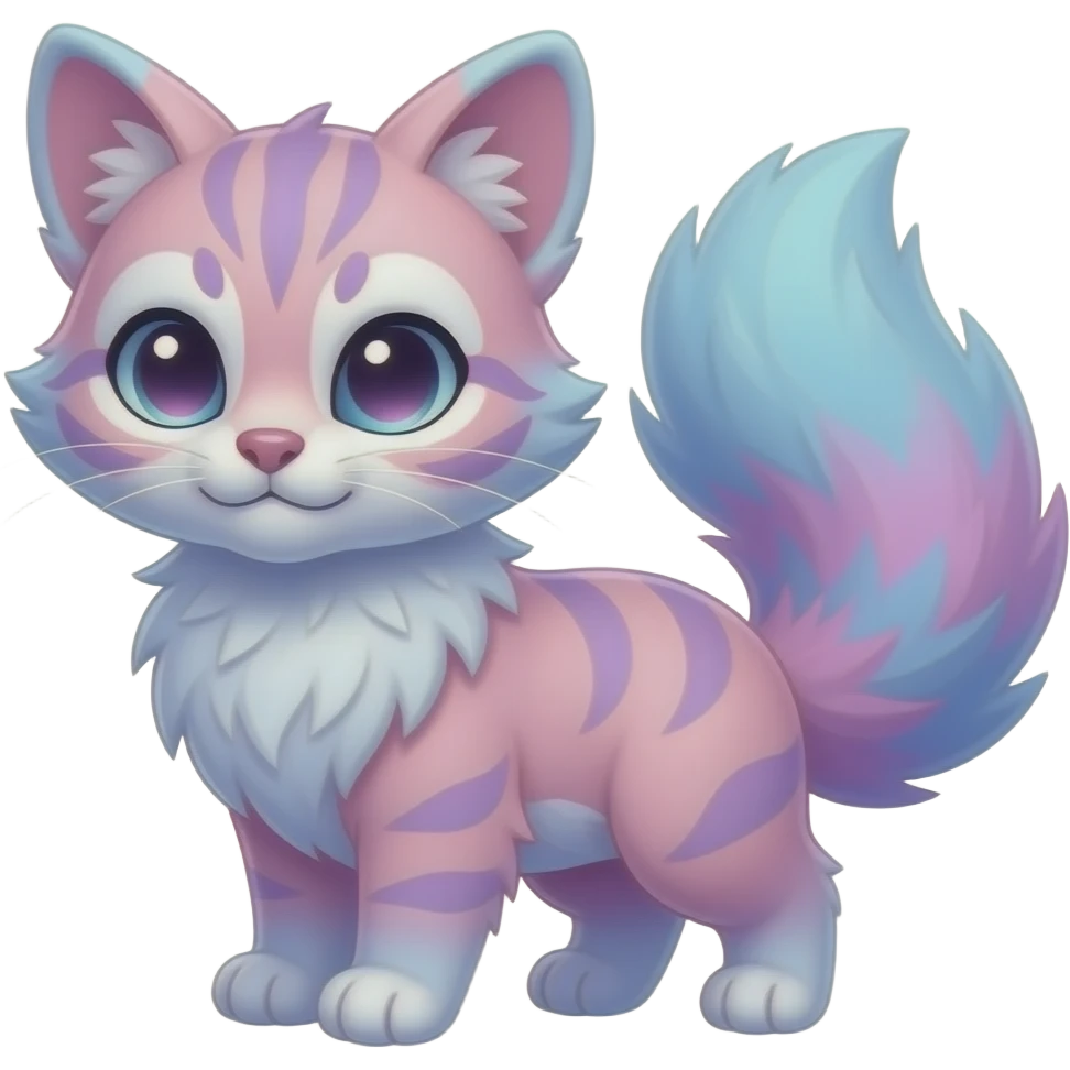 Cute kawaii cool edgy badass pastel cotton-candy pink-blue-purple gradient fluffy fur fantasy-civet-genet-vernid-Cacomistle-Trico-oncilla-Eevee-animal-Fakémon-hybrid-fursona (full body), facial markings, (realism style) emoji