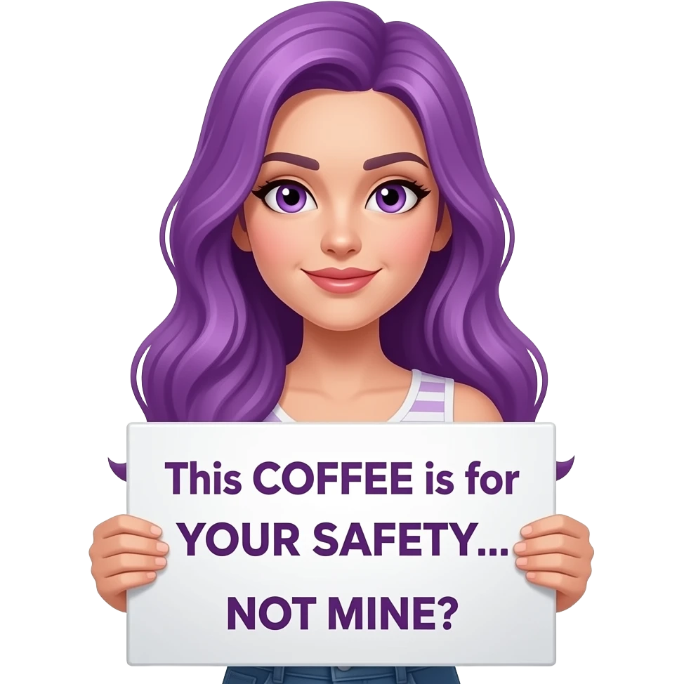 sexy girl with long purple hair and purple eyes holding a This COFFEE is for YOUR SAFETY... NOT MINE sign emoji