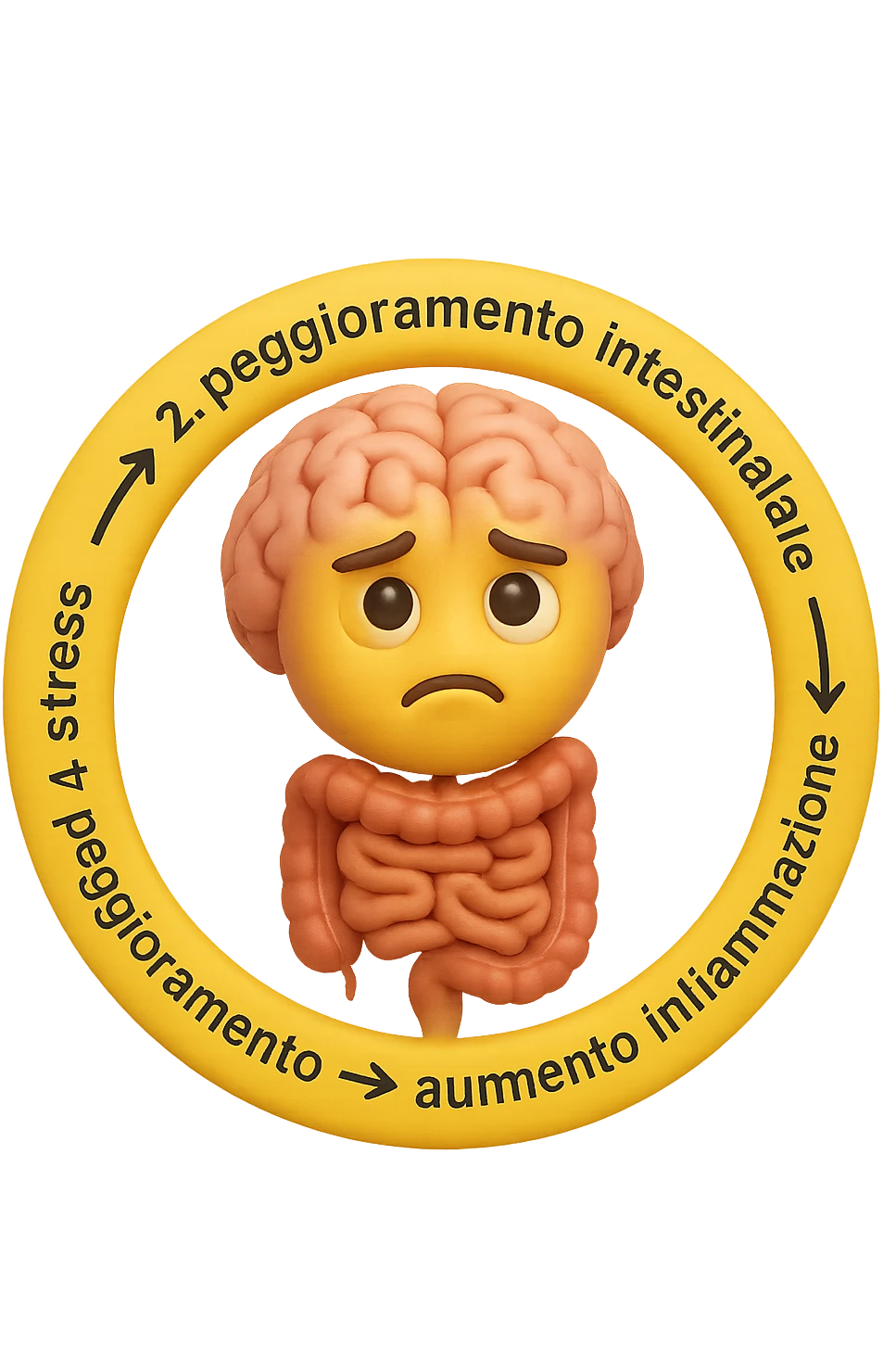 EMOJI STILE IPHONE 3D DI un cerchio con queste scritte che girano intorno in ordine per come li ho scritti "1. stress → 2. peggioramento intestinale → 3. aumento infiammazione → 4. peggioramento sintomi intestinali e sistemici." al centro del cerchio metti un cervello e intestino umani collegati verticalmente con espressione dubbiosa in volto, FALLO MOLTO REALISTICO IN 3D emoji