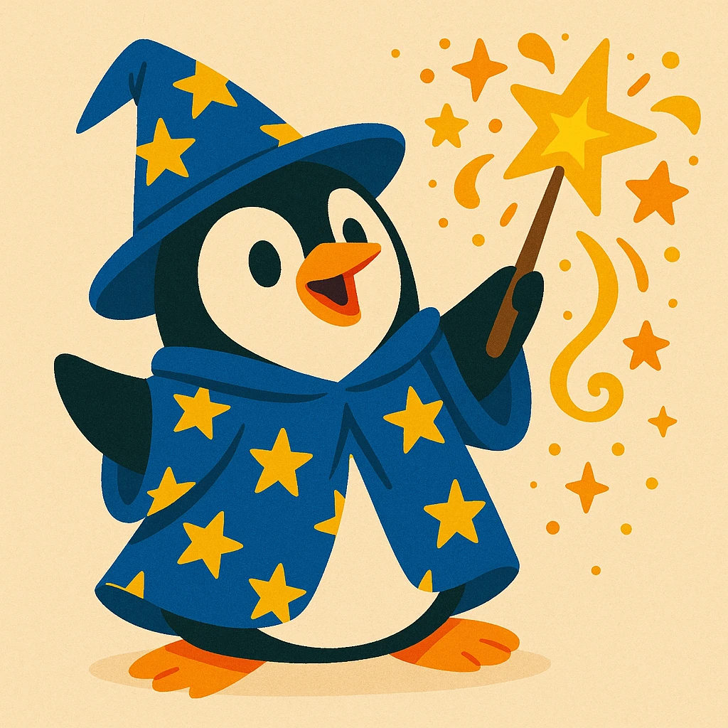 cartoon penguin wizard with a starry robe and a wand, casting a spell, whimsical style emoji