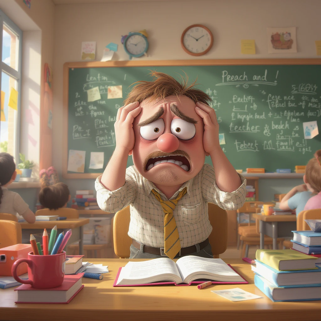 digital 2d cartoon art of a exhausted teacher in a bustling classroom emoji