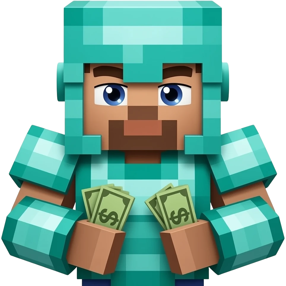 rich minecraft skin with diaments have a money in his hands and shiny aye emoji