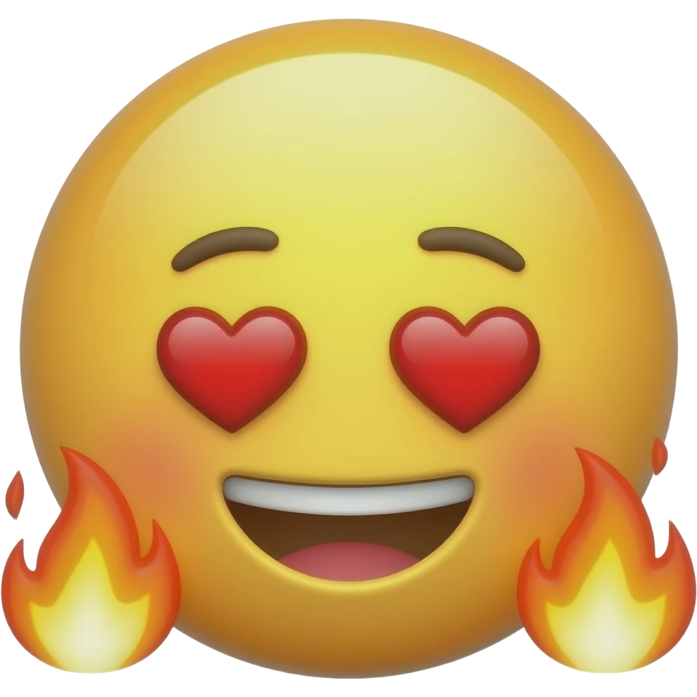 A cute 3D emoji sticker with a hot flirty expression, heart eyes, playful smile, small flames around the face, glossy yellow emoji face, expressive eyes, clean white background, soft shadow, high quality, sticker style, no text, no watermark emoji