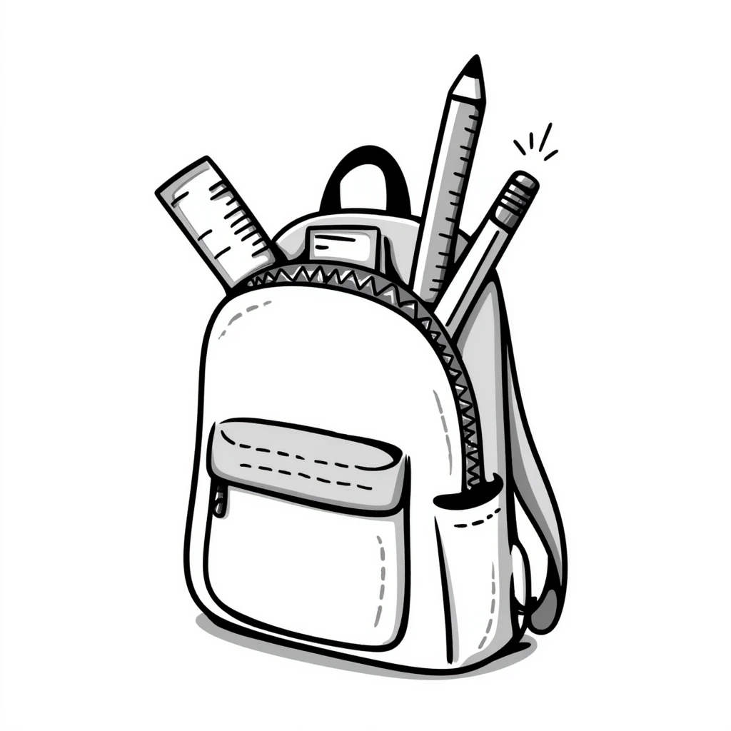 a backpack with pockets, zippers, and straps, containing school supplies like notebooks, pencils, and rulers peeking out, in pastel colors dd9fb0, ffc6d3, a3bfc9, c4bee2, f1b091, detailed hand-drawn doodle style emoji
