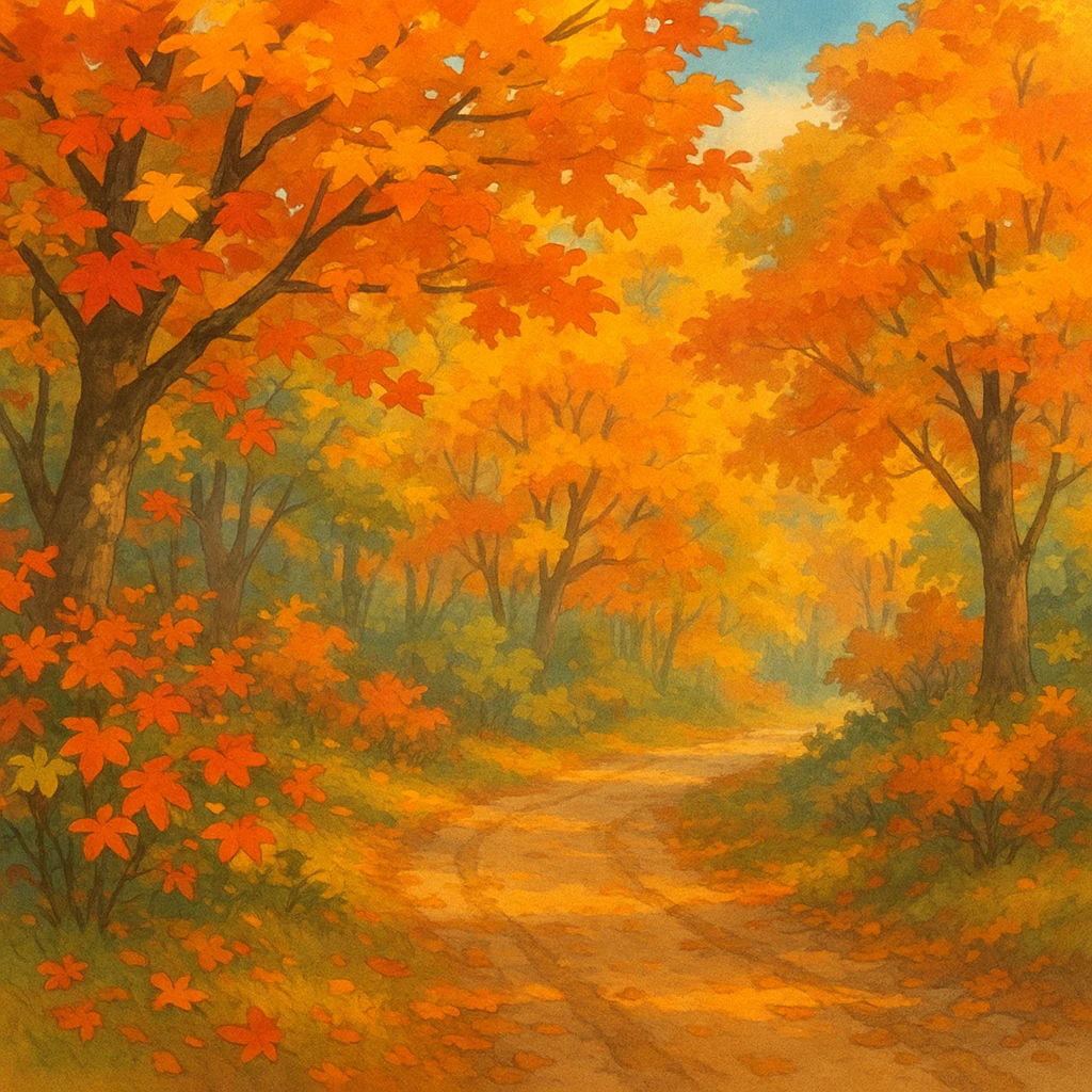 fall season scene with colorful autumn leaves, cozy atmosphere, ghibli style emoji