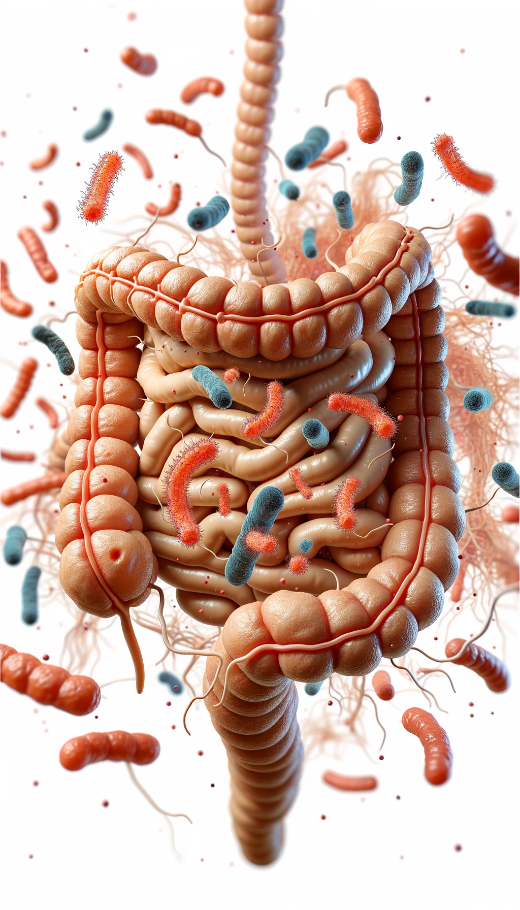 batteri intestinali anatomici fluttuano in aria, iperrealistico 4k, isolato su sfondo bianco emoji