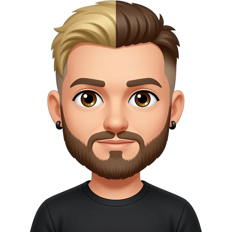 8-BitRyan with brown eyes, one side blonde hair, one side brown buzz cut, brown short beard, black t-shirt, black earrings emoji