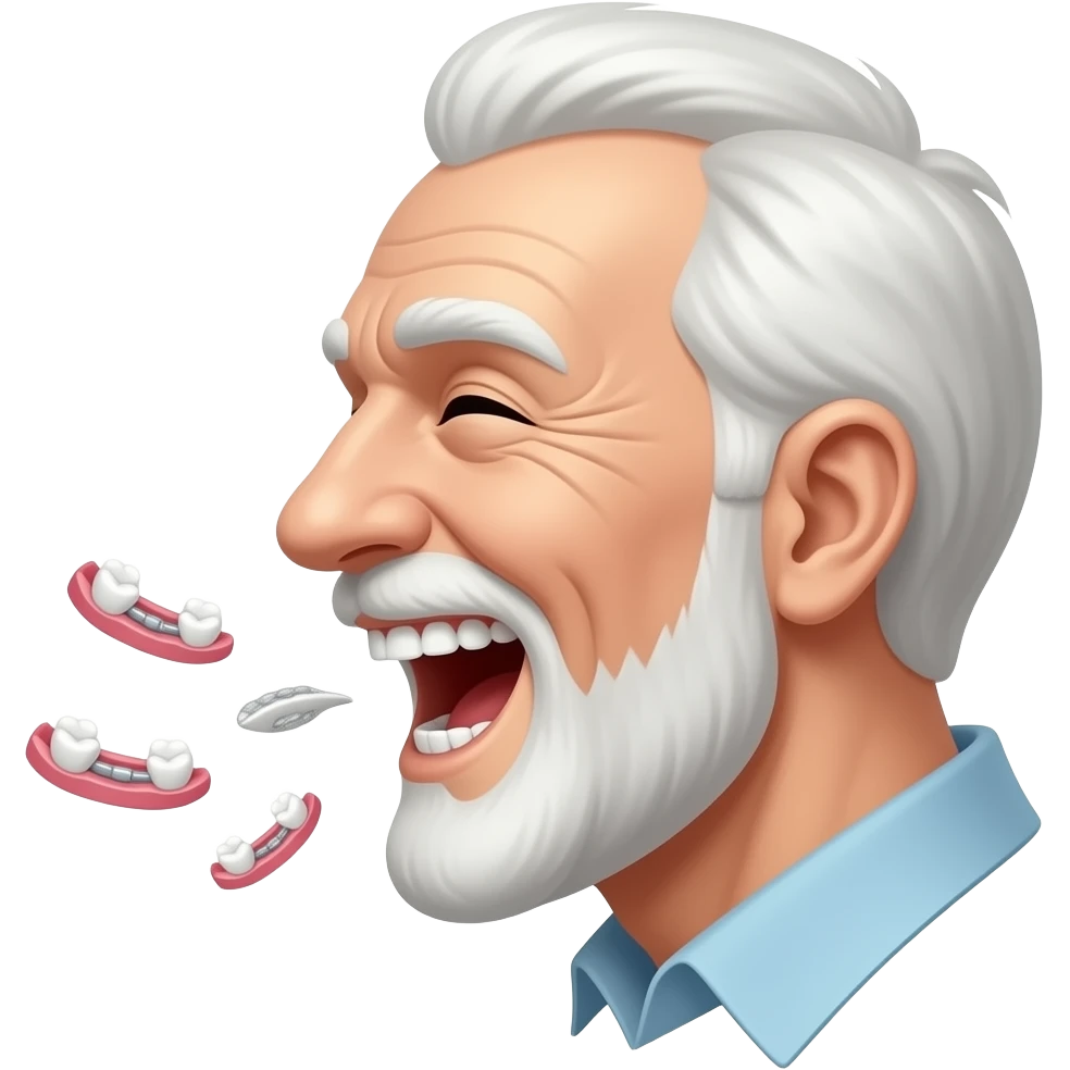 side view of an old man laughing with his dentures flying out of his mouth emoji