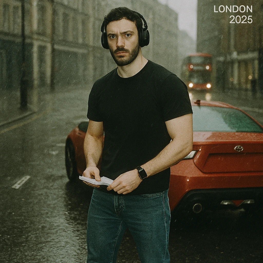 Grunge-style analog photo, London 2025, person inspired by the reference image with Nissan GT 86 in the background, model pose, black t-shirt, jeans, Nike Air Jordan low, using flash, rainy street, analog grain, 6/8. emoji