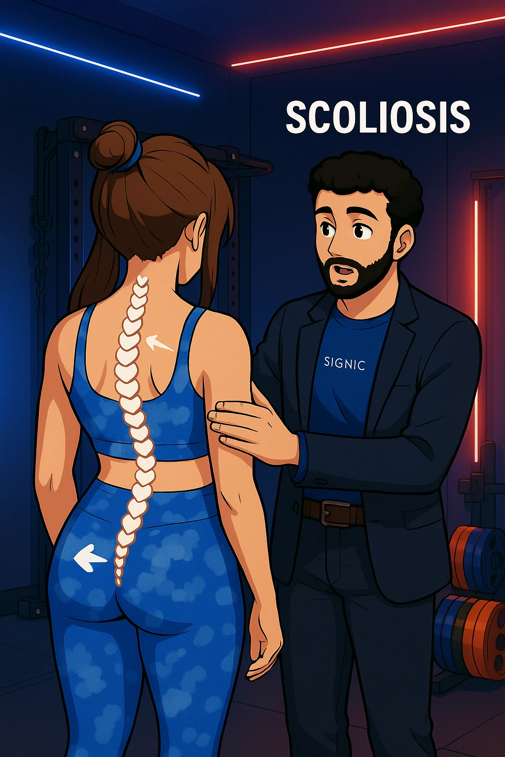 ispirati a questo stile di disegno e fai questa immagine in versione manga/webtoon a colori, il manga mostra la donna di spalle, mentre l'uomo le tocca la spina dorsale per spiegarle come funziona la scoliosi:
Con una scoliosi il baricentro corporeo cade maggiormente da un lato; per non cadere la schiena compensa accumulando tensione sul fianco opposto.
Il risultato? Si inclina e ruota sempre più, fino a che non cede (discopatie, artrosi, ecc) emoji