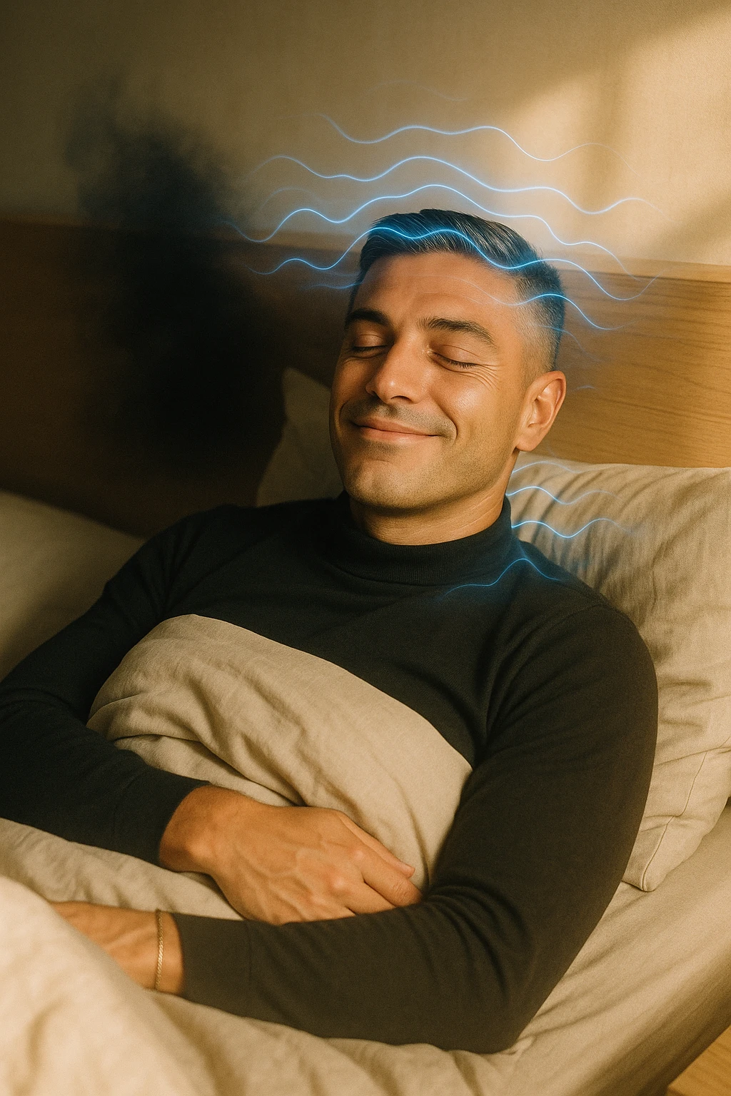 A cinematic image of a man in his mid-30s lying in bed, just waking up from deep sleep. His expression is calm and visibly transformed — a sense of inner peace, relief and subtle joy on his face. Soft morning light enters the room, casting gentle golden tones over his features. His eyes sono ancora semi chiusi, ma il viso è disteso, come se un grande peso fosse stato rilasciato durante la notte. Accanto a lui, simbolicamente sfocato, un’ombra o un alone scuro si dissolve, rappresentando il malessere notturno superato. Intorno alla sua testa, leggere onde di luce azzurra o bianca simboleggiano l’attività cerebrale rigenerativa della fase REM. La camera è ordinata, minimalista, con materiali naturali. L’atmosfera è serena, rigenerativa, intima. Shot in 35mm film style, high realism, shallow depth of field, warm highlights and clean shadows. emoji