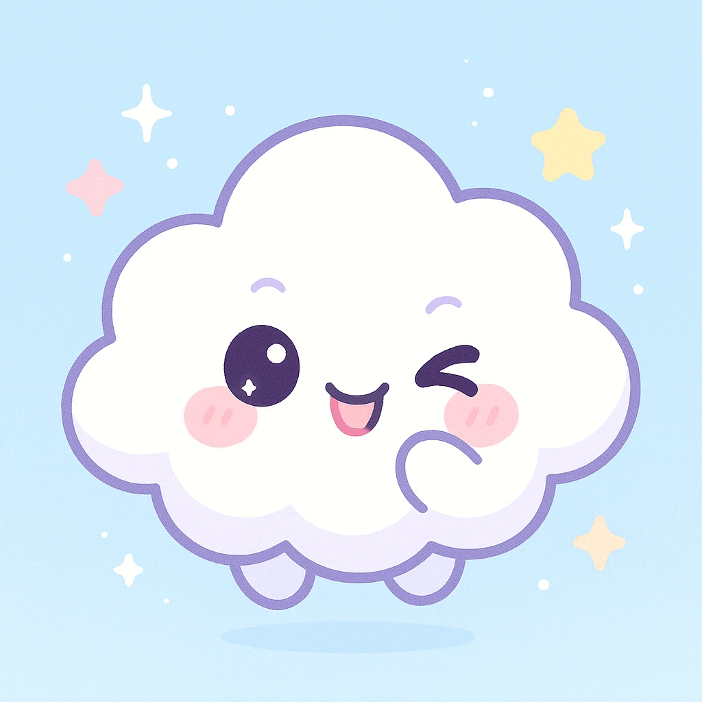 chibi-style kawaii cloud character, smiling face, pastel colors, giggling, playful mischievous eyes, soft lighting, floating in a blue sky with sparkles and stars, cartoon-style, clean background, digital art, 4k resolution emoji