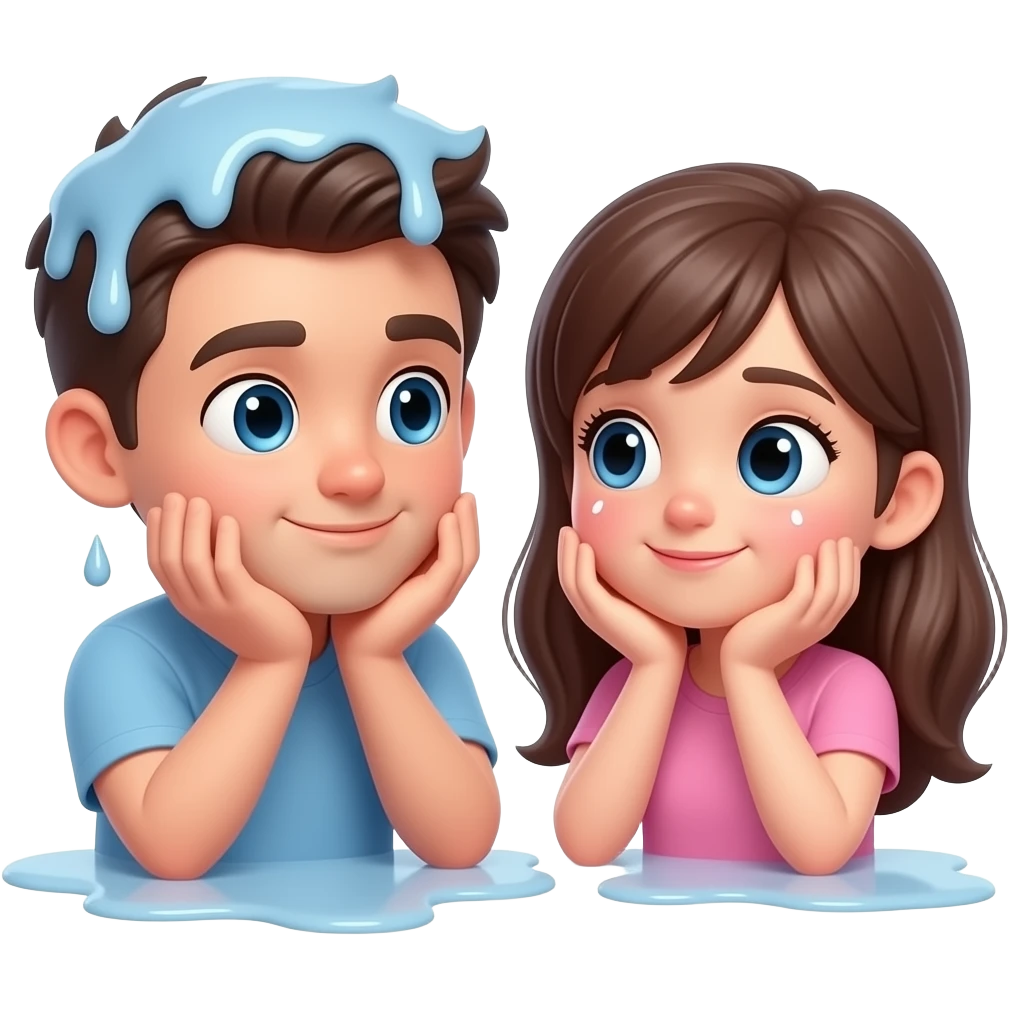 Cute 3D male emoji melting, chin on both hands, looking at a girl with love, blushing, big shiny eyes, dreamy expression, Pixar style, aesthetic lighting, high quality render emoji