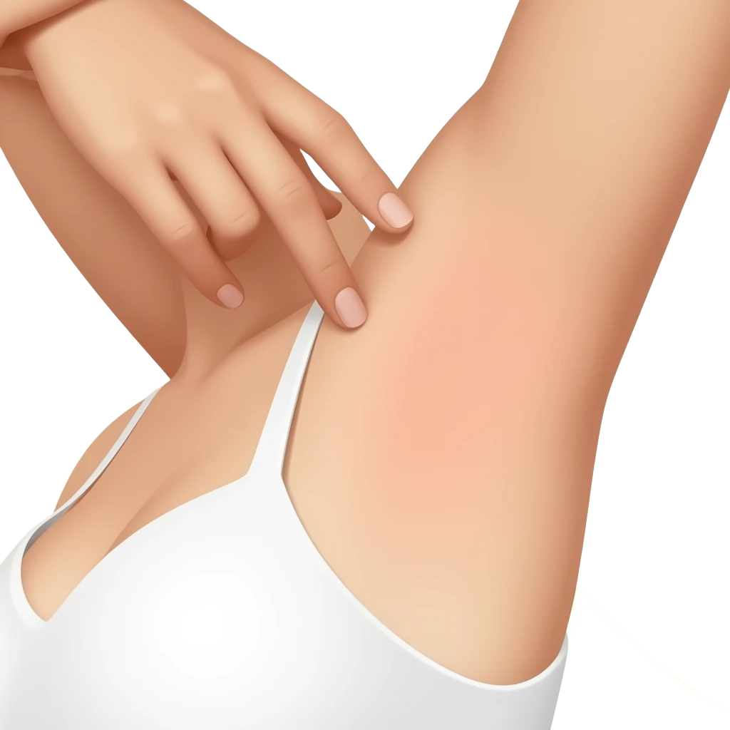 Close-up of a woman’s underarm area, arm slightly raised, showing natural skin with mild hyperpigmentation in the armpit region, smooth skin texture, hand gently touching the underarm, wearing a white strap top emoji