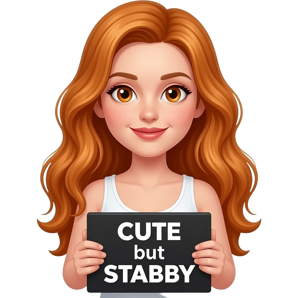 sexy girl with long wavy ginger hair and ginger eyes wearing a white tanktop is holding a black colored sign with CUTE but STABBY written on it emoji