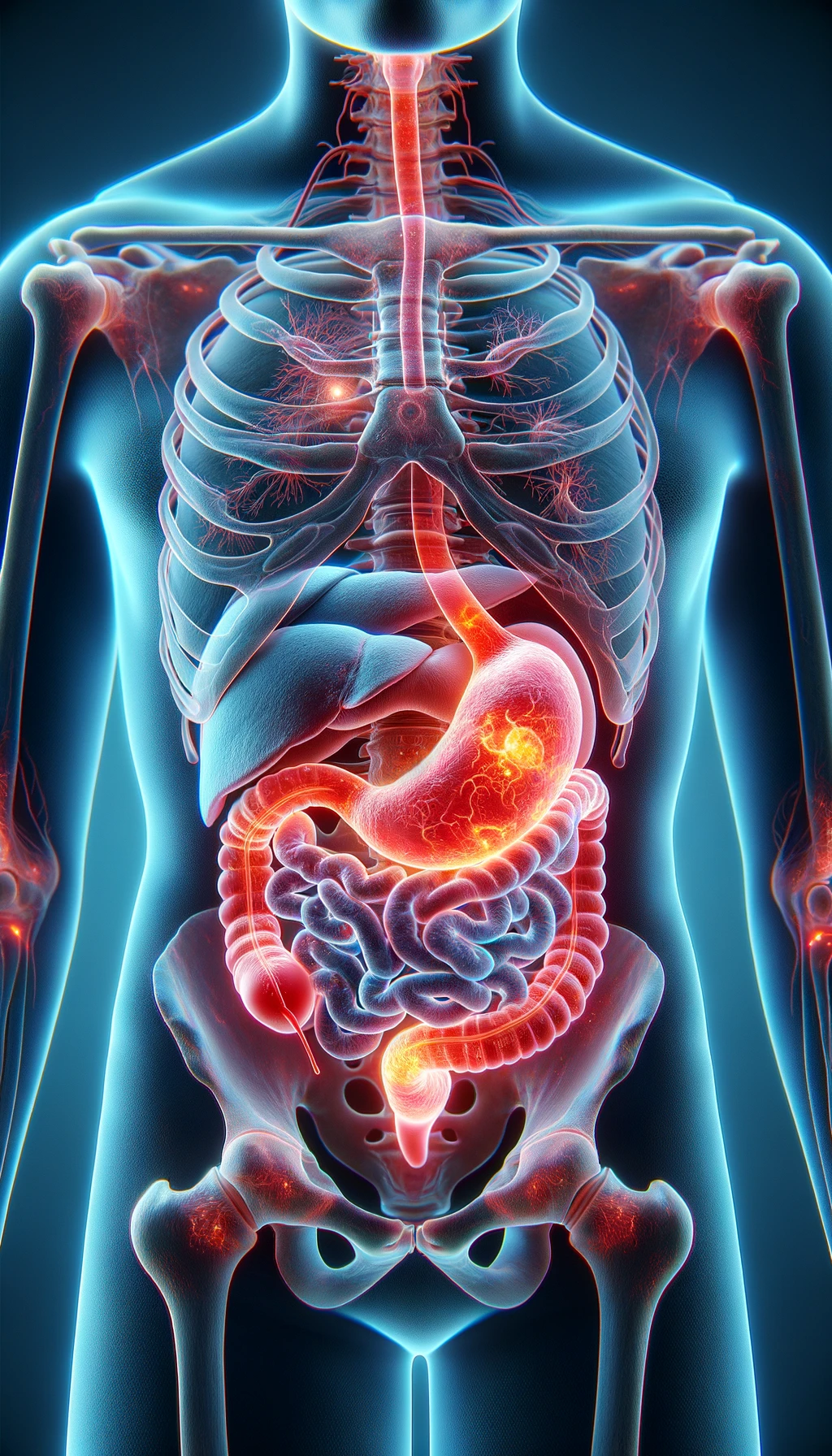 corpo umano anatomico con reflusso e stomaco infiammato, stomaco in evidenza, iperrealistico 4k emoji