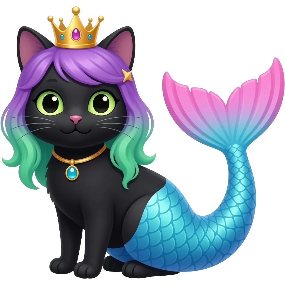 A black cat purple and green hair wearing a crown with very long #B8FFFF mermaid tail with pink fins  in cartoon style emoji