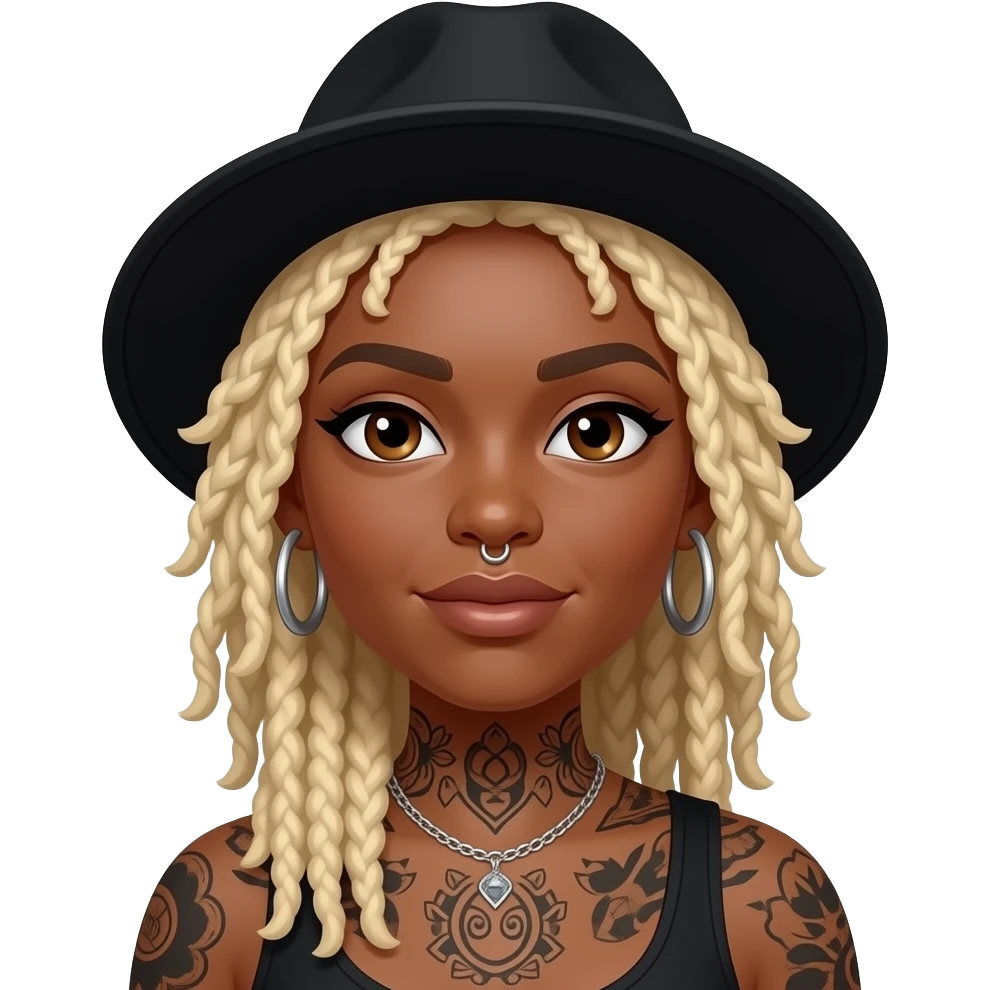 Black girl with blonde locs, hoop earrings, nose piercing, tattoos and black hat emoji