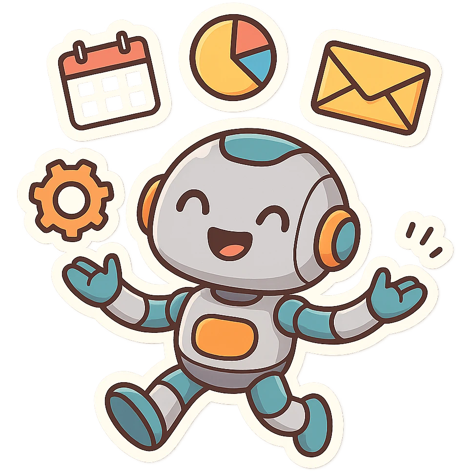 artificial intelligence, cheerful robot juggling icons of productivity (calendar, charts, gears, email), cartoon style emoji