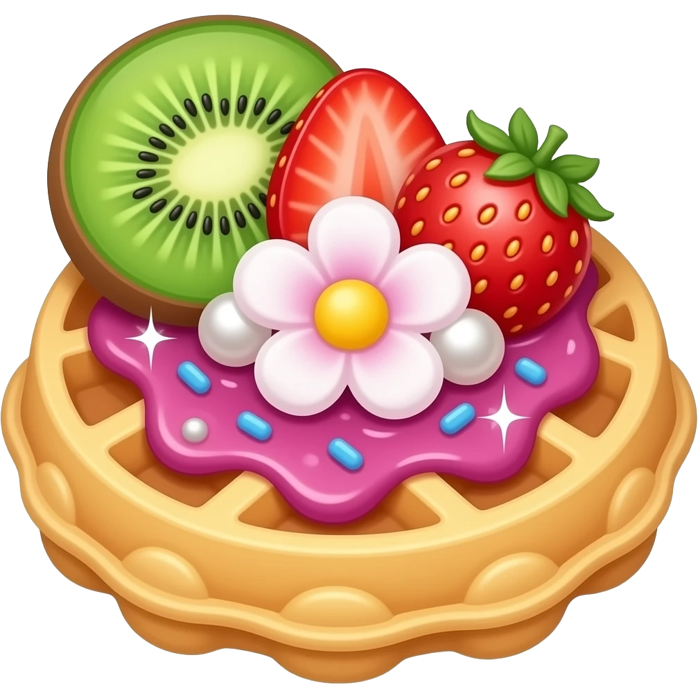 A kiwi purple and blue sprinkles on a waffle with strawberry puree and strawberry’s and sparkles and pearled with a cute little pink flower on it emoji