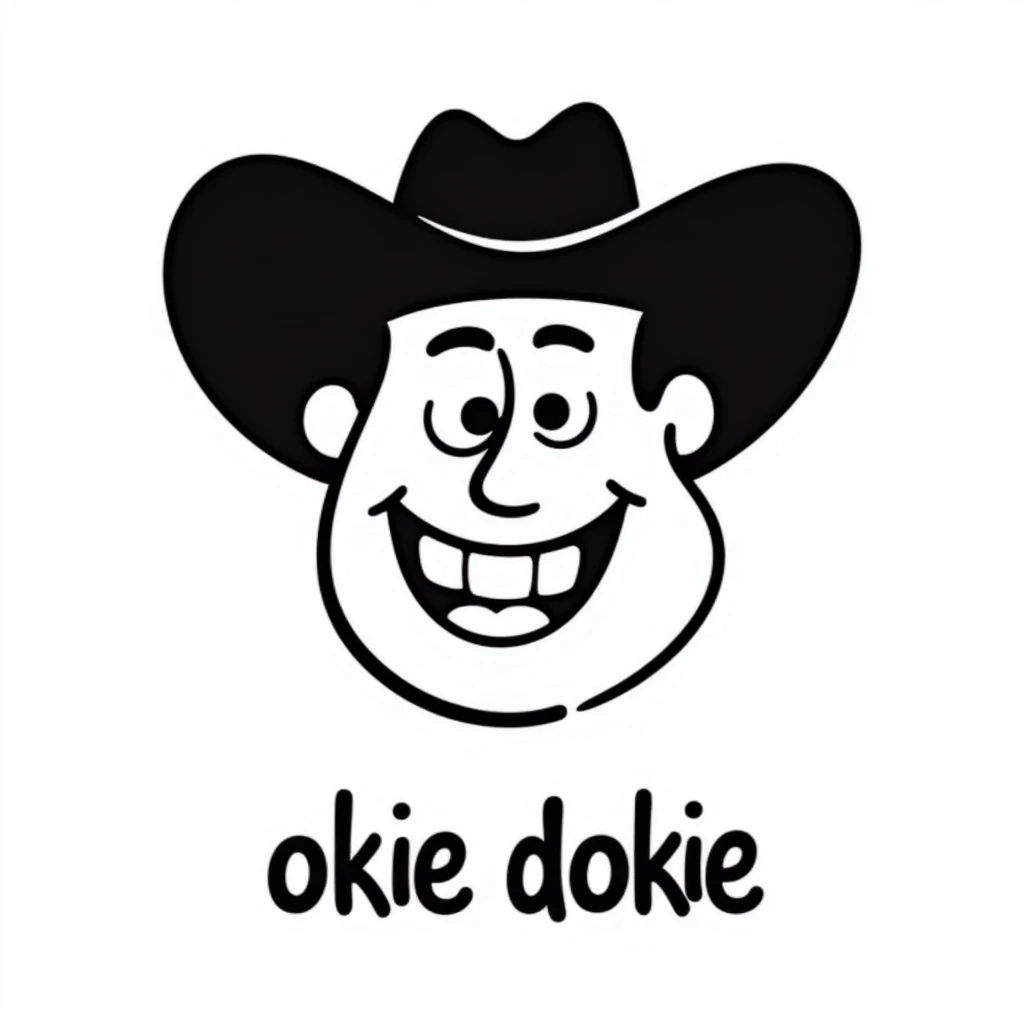 cartoon cowboy face with a wide grin, wearing a classic cowboy hat, and the words 'okie dokie' below emoji