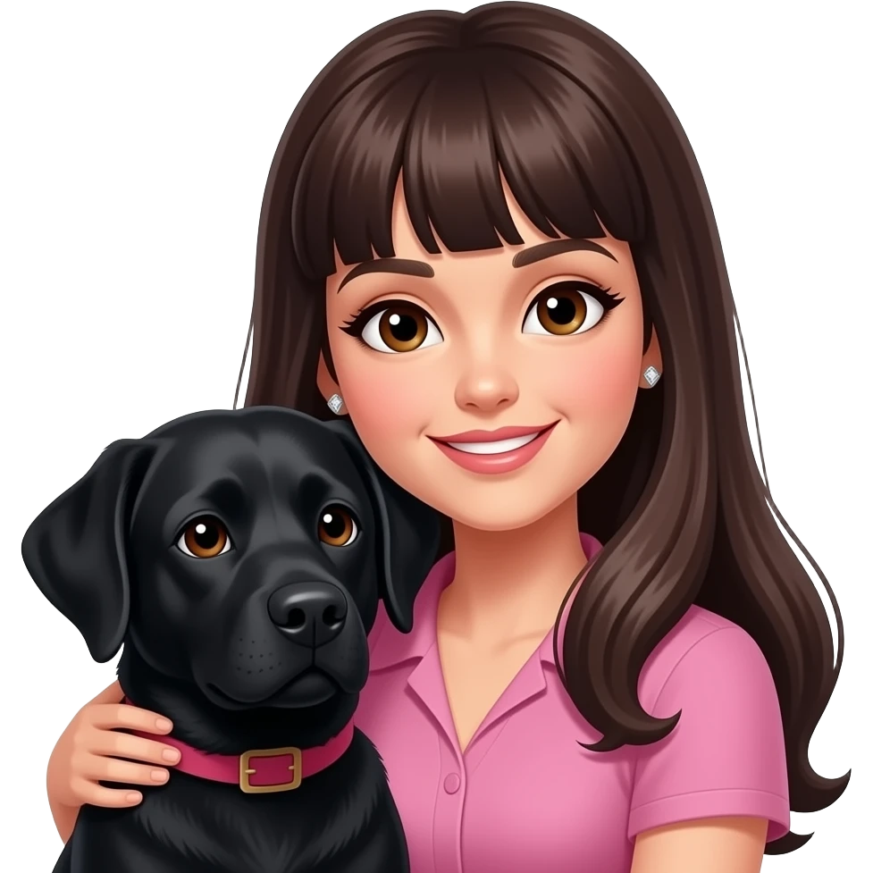 woman, 60s aged, long dark hair with fringe, small diamond earrings, brown eyes, cuddling black labrador emoji