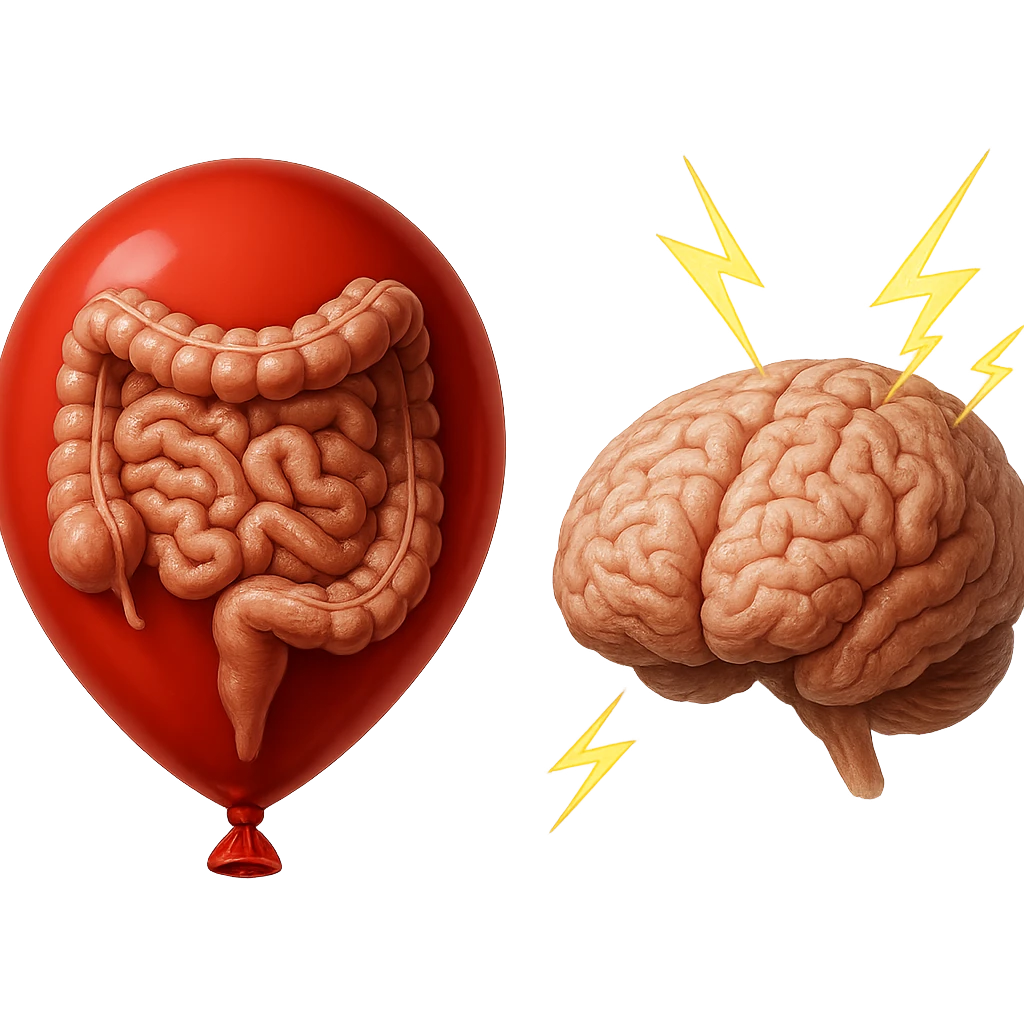 intestino umano anatomico chiuso in un palloncino rosso che simboleggia gonfiore, accanto un cervello anatomico con fulmini vicino che simboleggiano "stress", iperrealistico 4k emoji