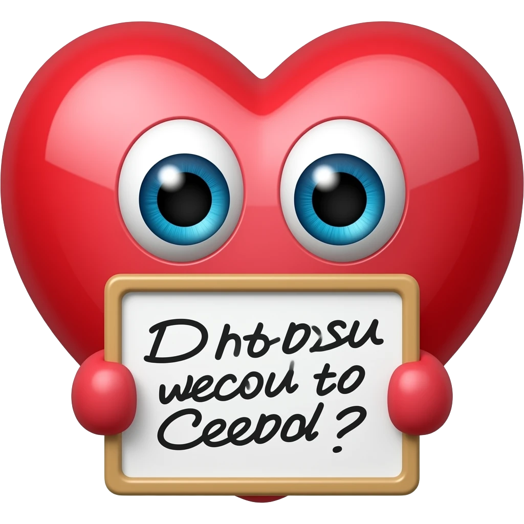 A heart  have eyes and holding a board written like emoji