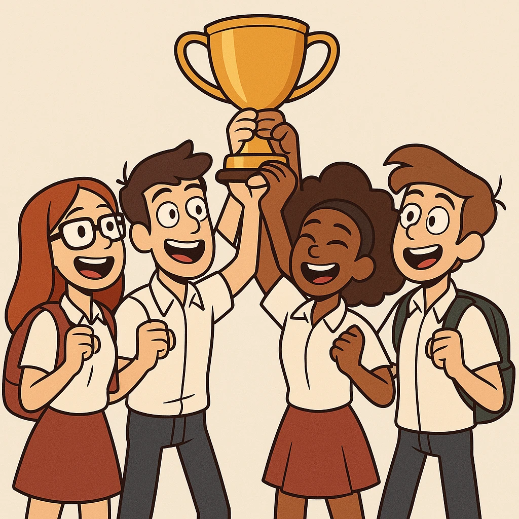 quatre étudiants, deux garçons et deux filles, lèvent un trophée en équipe, cartoon moderne, fond clair emoji