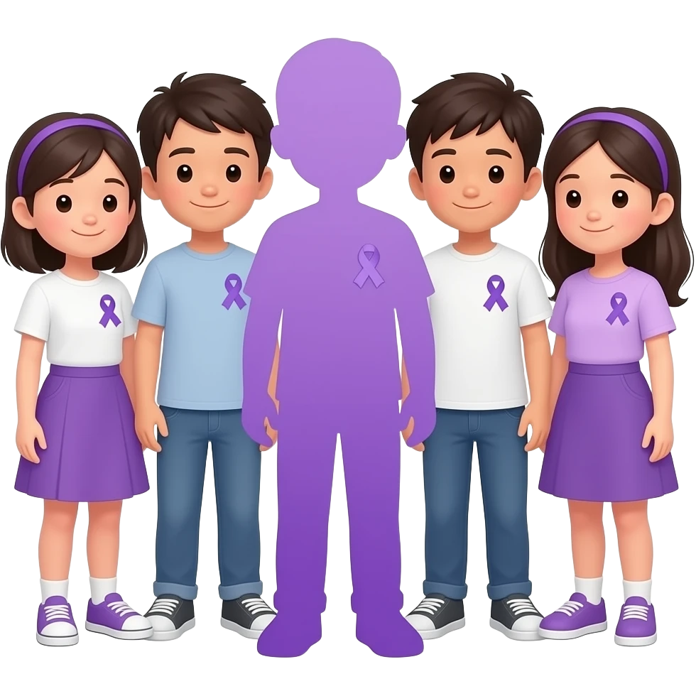iOS-style emoji: group of boys and girls taking a photo, each wearing a small purple ribbon for fibromyalgia awareness, with one silhouette fully purple standing out, soft gradients, cute and minimal, transparent background emoji