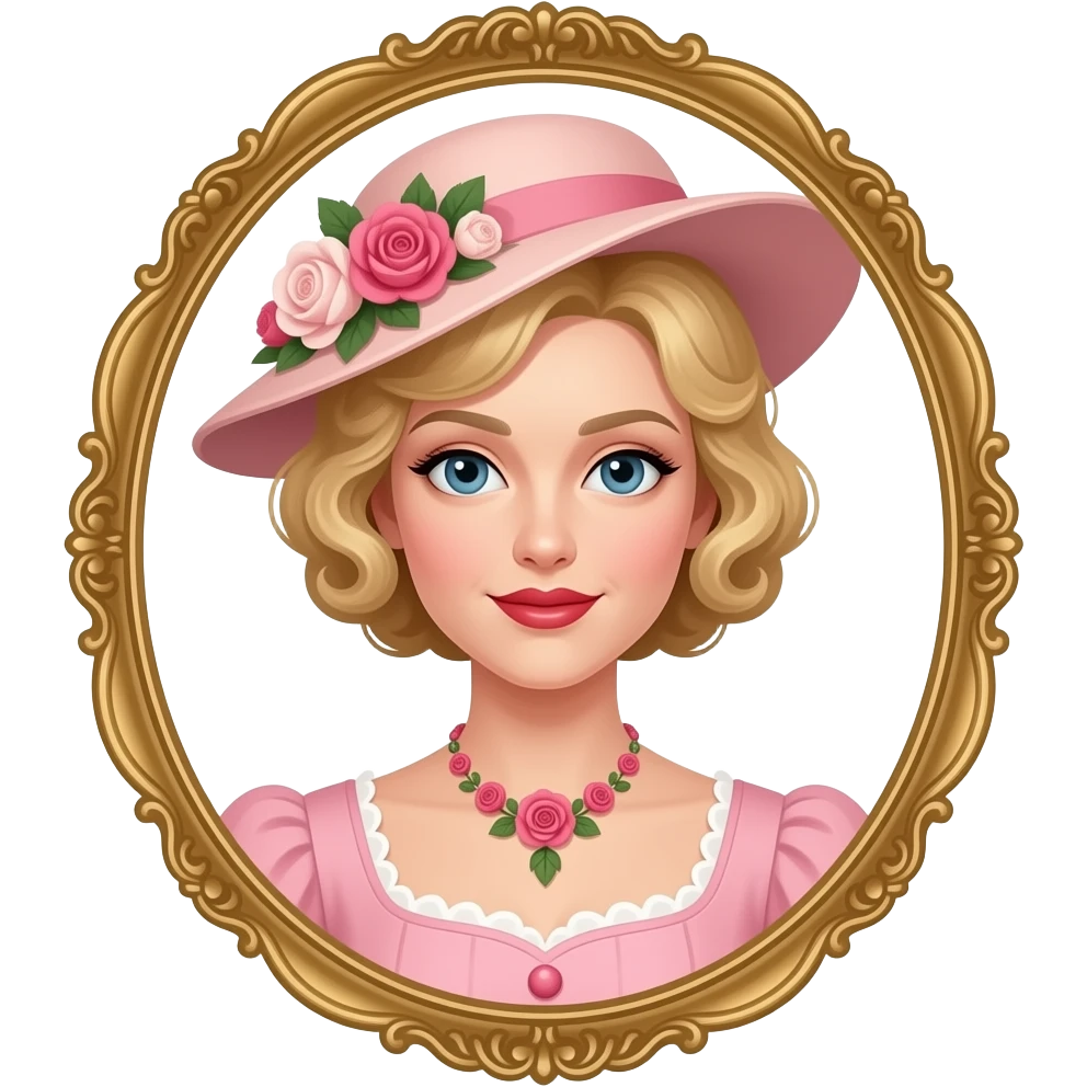 Victorian look with blonde short tight curls bob hair side swept in a light pink Victorian dress, antique pink flowers necklace and light pink Victorian hat with flowers, red lipstick and antique gold frame emoji