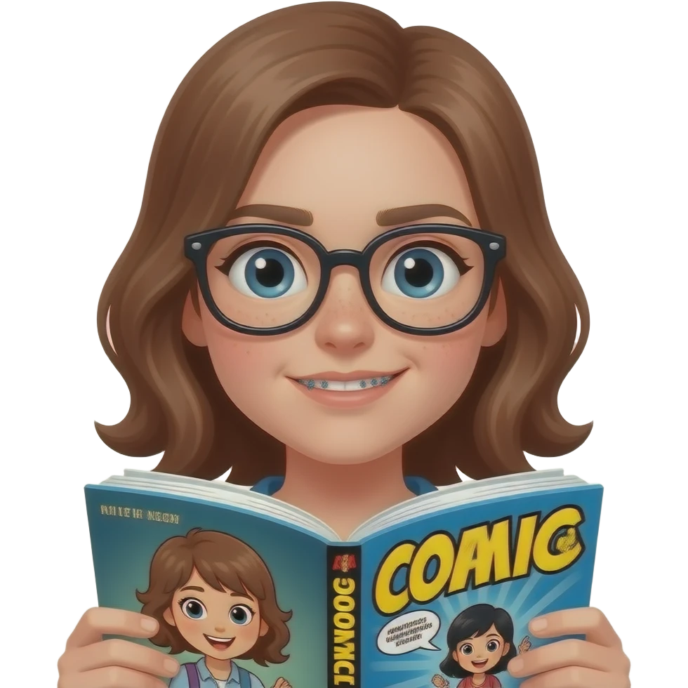 Awkward nerdy teen girl with glasses and braces and acne holding a comic book emoji
