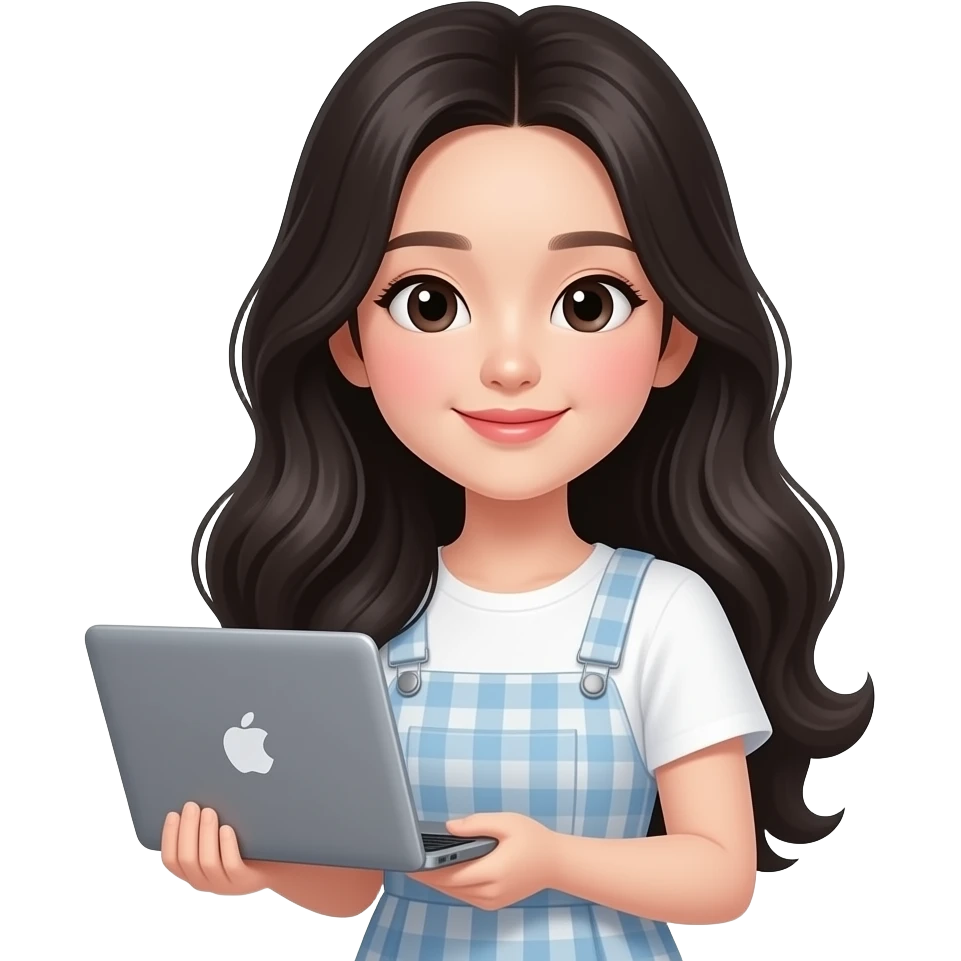 beautiful girl, with long black hair, wavy hair, korean, with laptop emoji