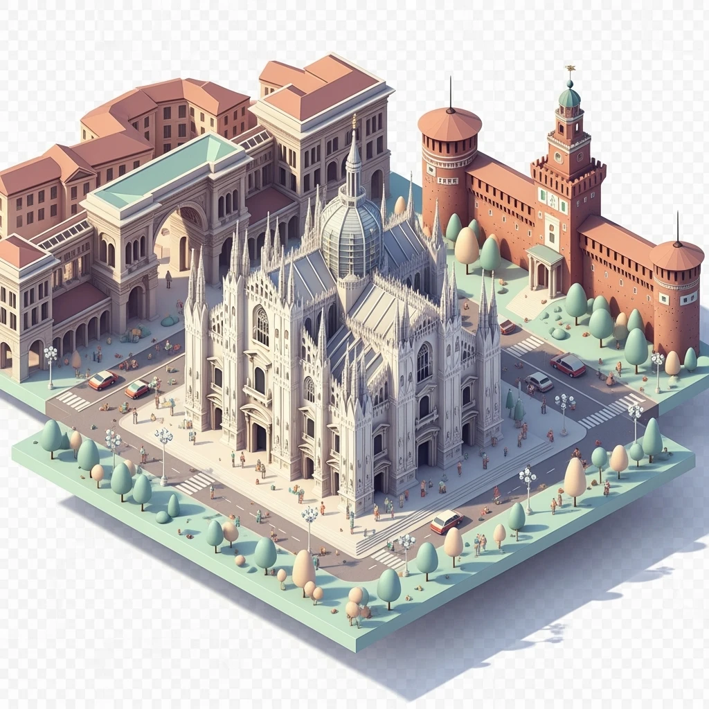 Isometric Milan with the Milan Cathedral (Duomo di Milano), toy-style elements, soft shadows, pastel diorama style, transparent background emoji