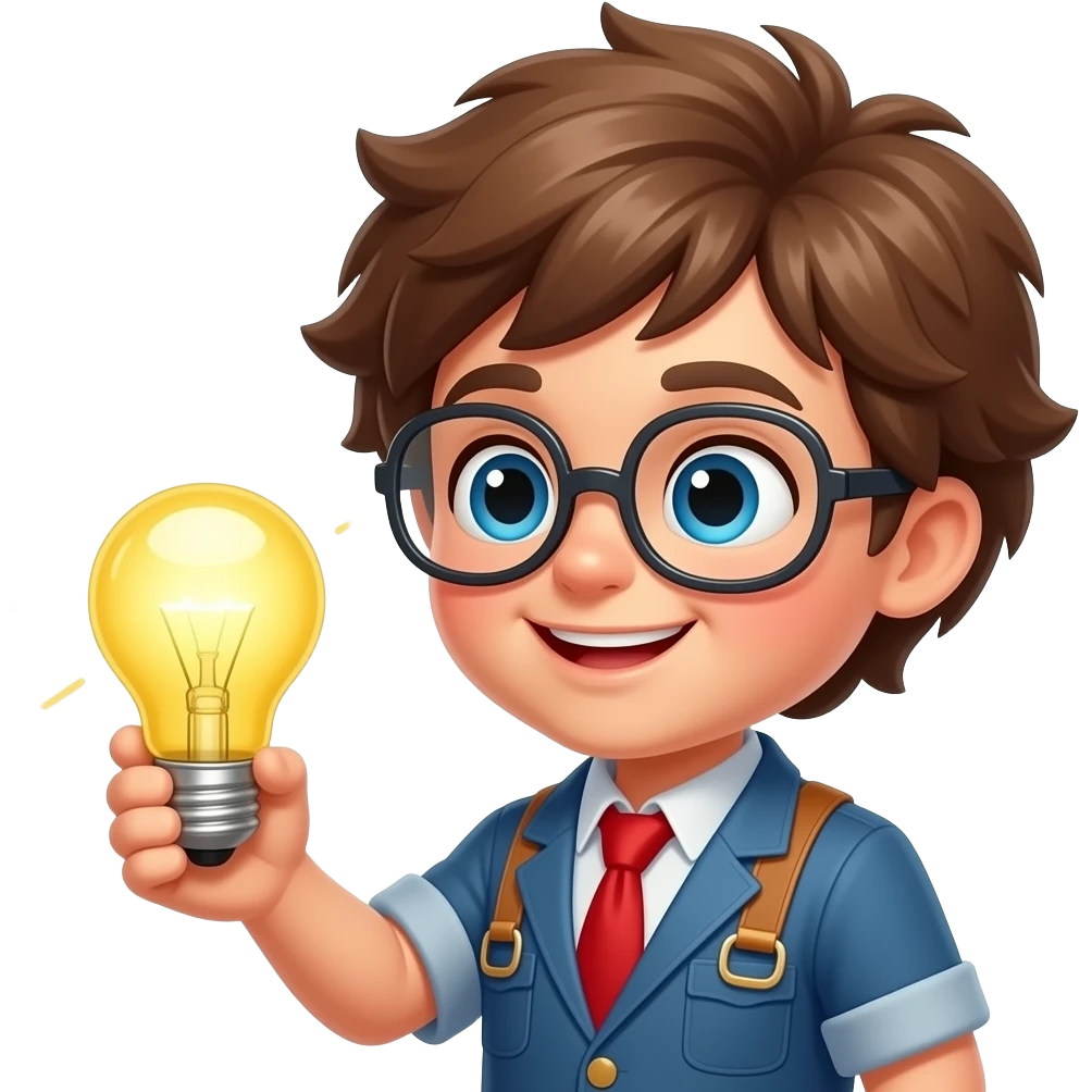 Eureka!: 3D emoji style, glossy surface, soft shadows, white background, centered, no text, cute inventor character, lightbulb moment expression, wild hair, holding a glowing discovery, red and gold, no defined gender emoji