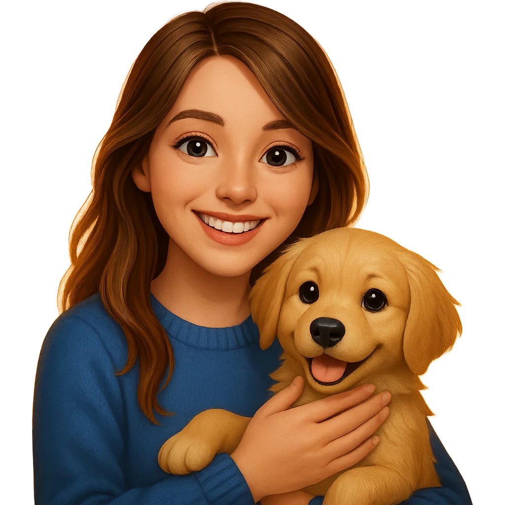 Create an emoji style image of a 20-year-old dirty blonde woman with brown highlights in her long hair and dark blue eyes, petting an English cream golden retriever. The background is a warm sunset, and the atmosphere is cheerful. emoji
