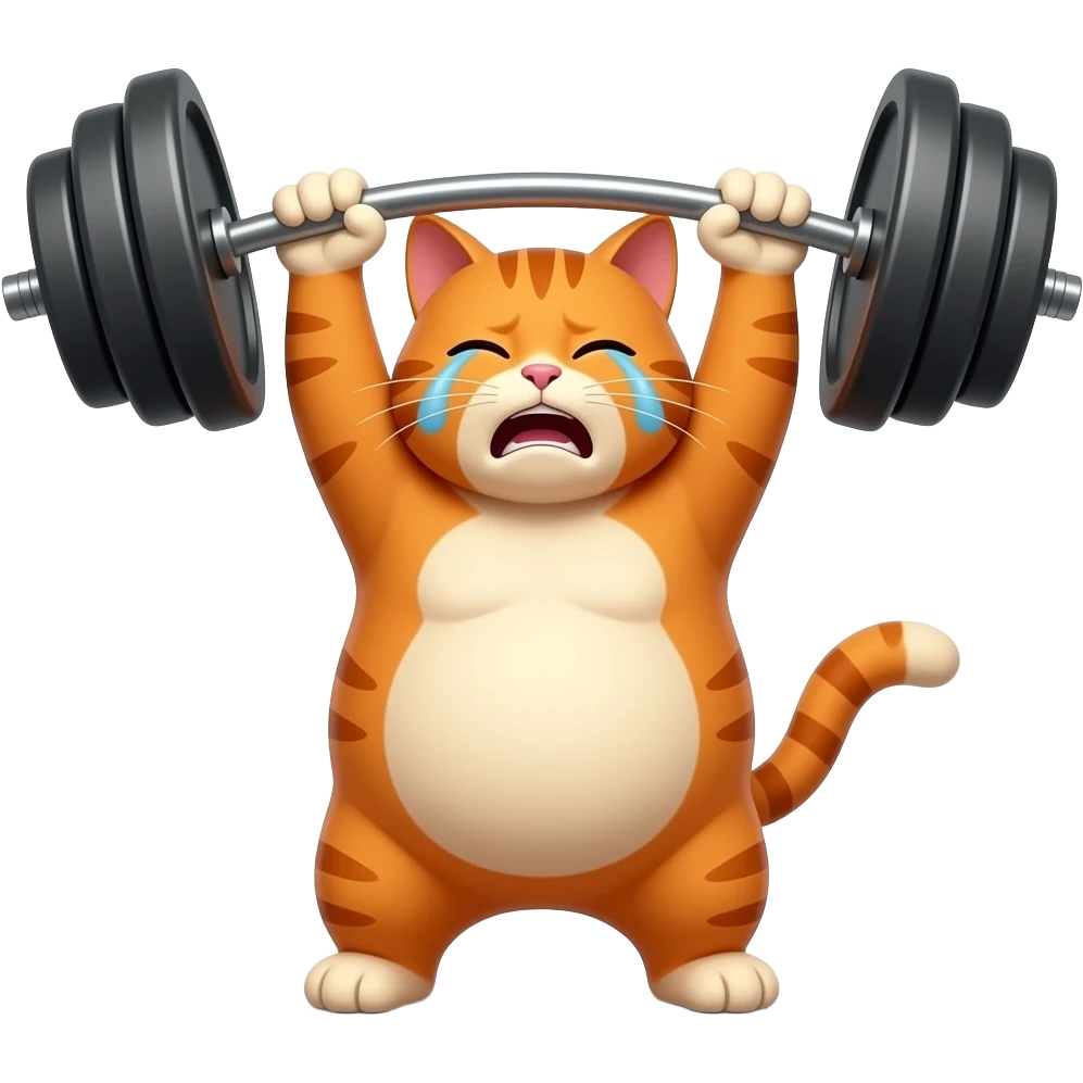 Orange cat struggling to pick up a heavy bar because it's fat and ugly and it's crying emoji