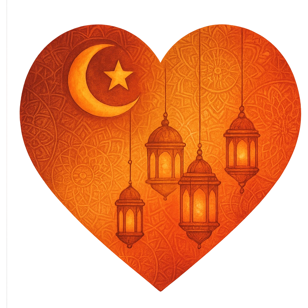 heart with Ramadan theme, crescent moon and star, lanterns, Islamic geometric patterns, warm colors emoji
