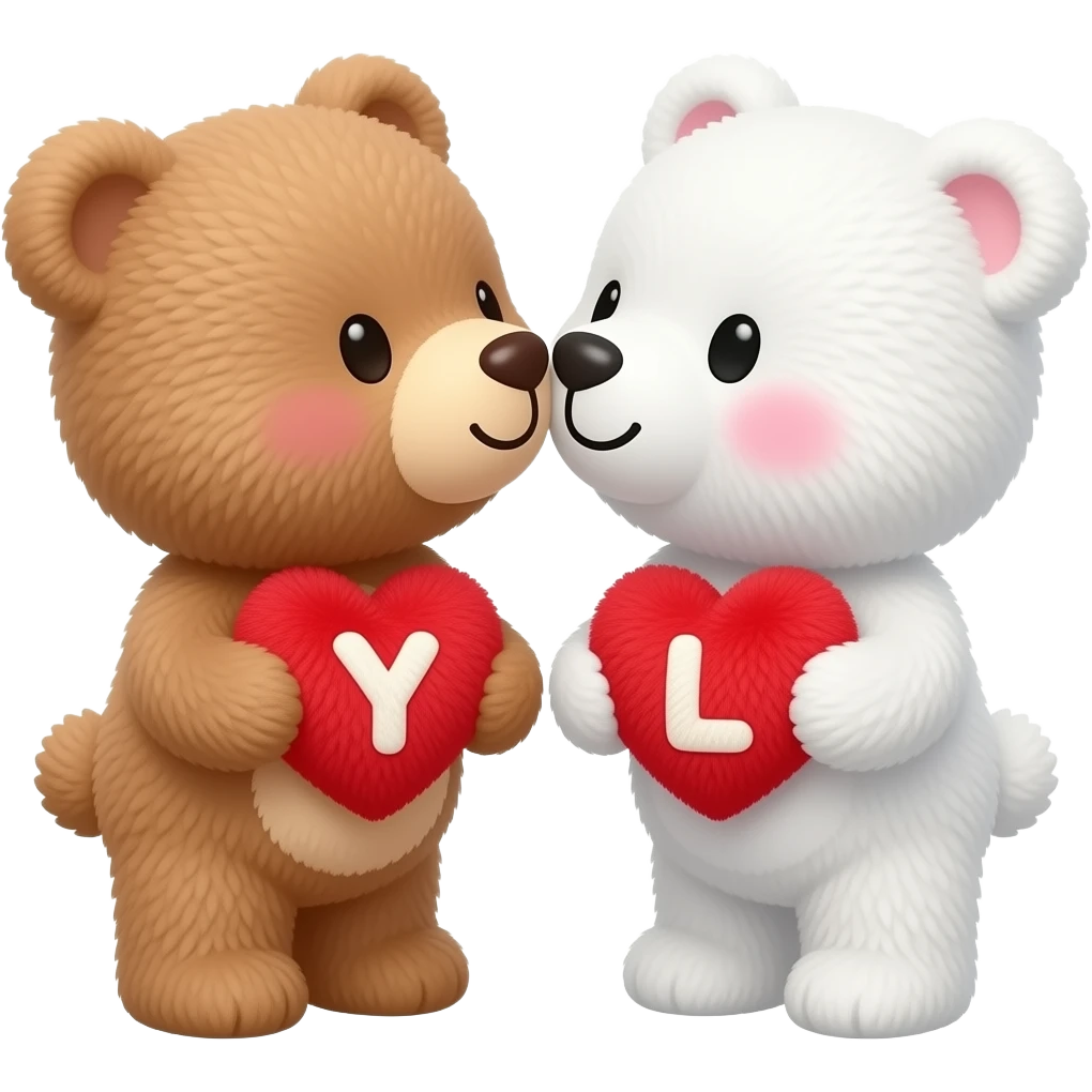 I want one light brown bear teddy kissing on cheek white bear teddy both holding heart , both a little furry, the  white bear blushes and smiles , add letter Y to the heart of the brown bear and letter L to the heart of the white bear emoji