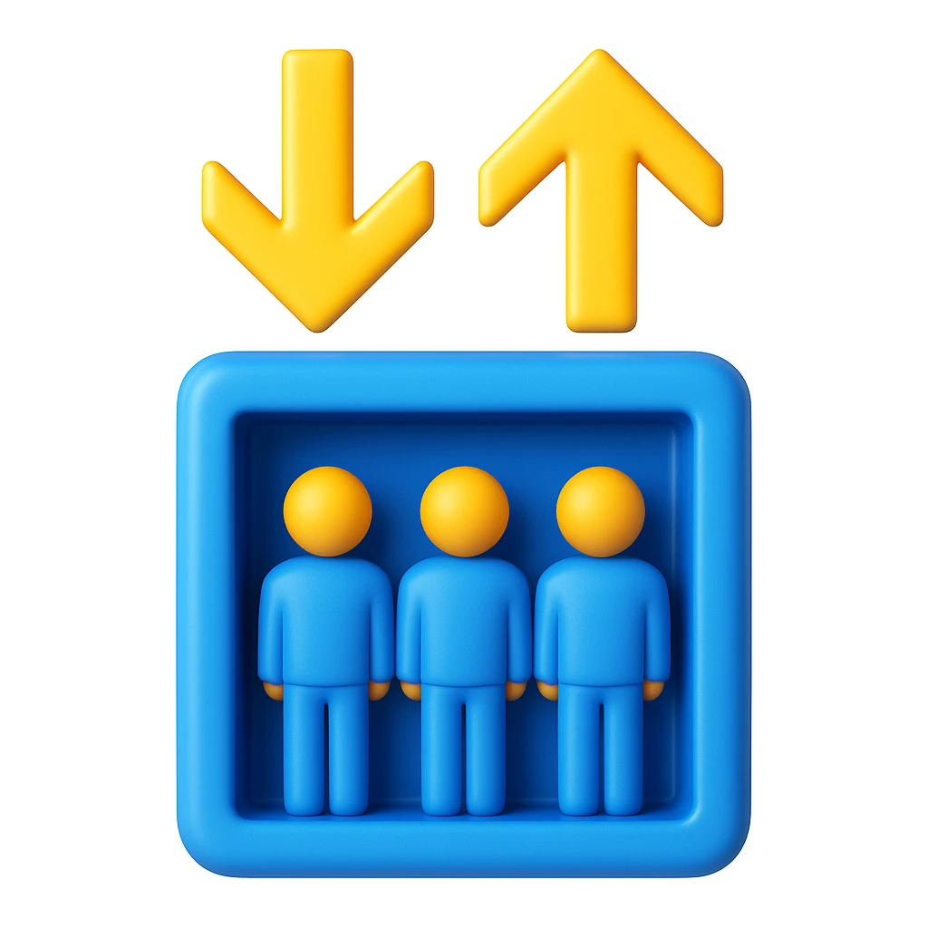 Convert this elevator icon to a 3D emoji style with a blue elevator and yellow arrows, keeping three people inside. The style should be glossy and vibrant, resembling Microsoft style 3D fluent emojis. emoji