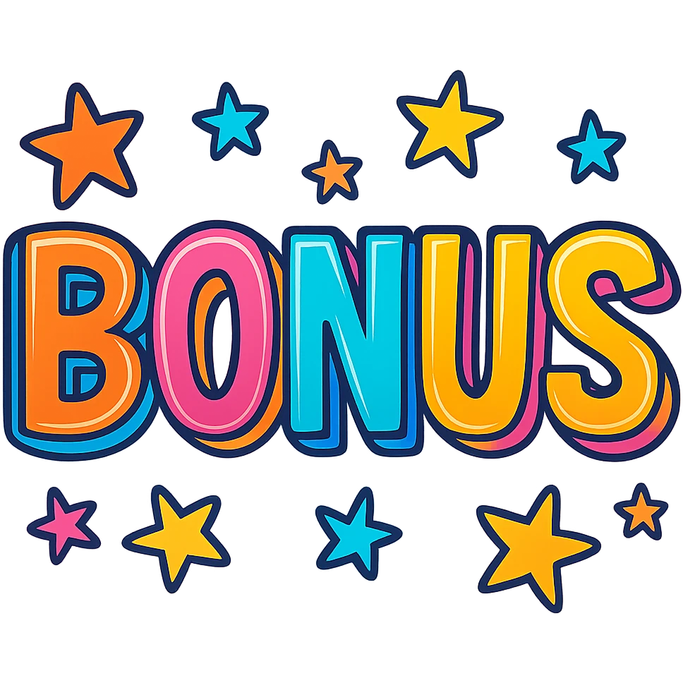 the word BONUS in large, eye-catching neon retro style letters surrounded by stars, no background or sign behind, just the letters and stars emoji