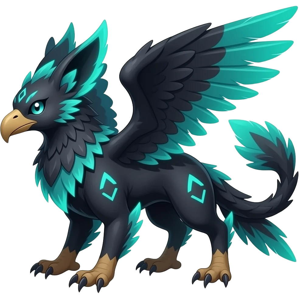 Black dark exotic four-legged beaked feathery nocturnal neon-glowing abyssal nightly animalistic fantasy gryphon-chimera-Salandit-Trico-Teto-Silvally-creature emoji