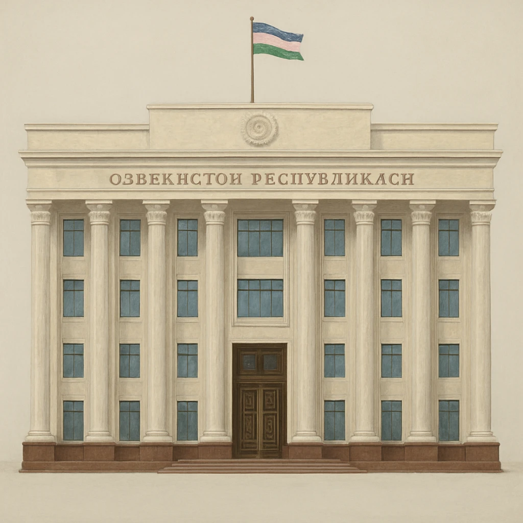 «Реалистичная живописная стильная прорисовка. Здание правительства узбекистана строго в анфас, прямо спереди, без наклона и без перспективы. Покажи ВСЁ здание целиком — сверху донизу и слева направо — с большим свободным полем вокруг, чтобы НИЧЕГО не обрезалось. На крыше должен быть флаг Узбекистана. Никаких деревьев, людей, фонтанов, автомобилей, тени от объектов и окружающей среды. Только полностью целое здание на однотонном чистом фоне (белом или светло-сером). Обязательно: “НЕ кадрировать, НЕ обрезать, оставить запас места вокруг здания». emoji
