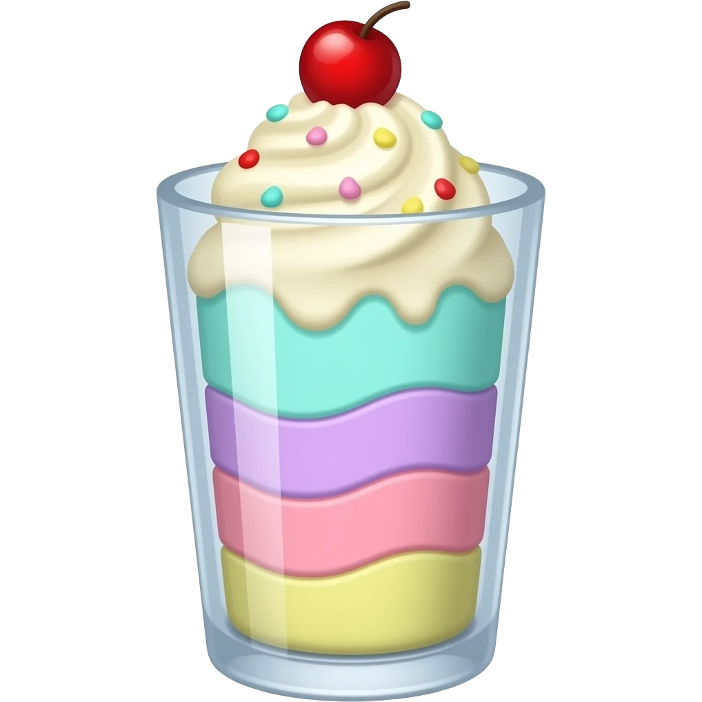 sundae dans un verre transparent, multicolore pastel clair, turquoise mauve rose jaune, étagé emoji
