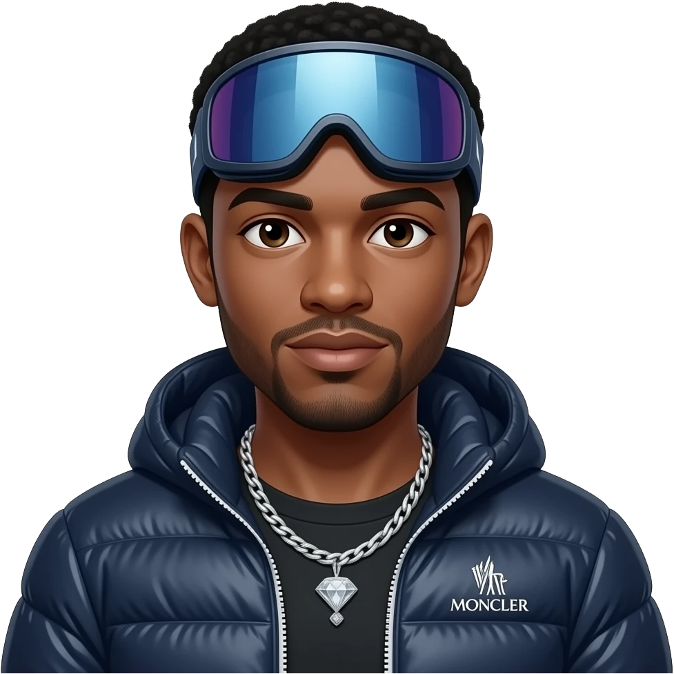 Black guy named Stackpack moncler on. Ski googles and a diamond chain that says Stackpack emoji