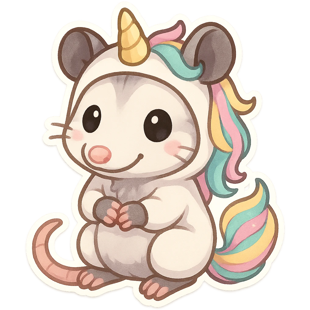 cute cartoon possum dressed up like a unicorn, chibi stickers style emoji